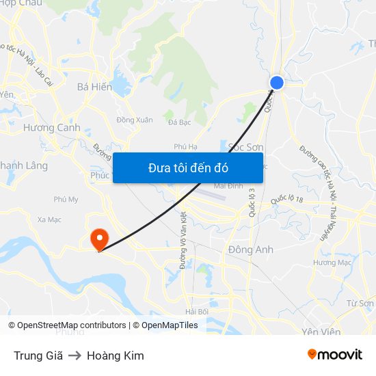 Trung Giã to Hoàng Kim map