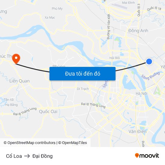 Cổ Loa to Đại Đồng map