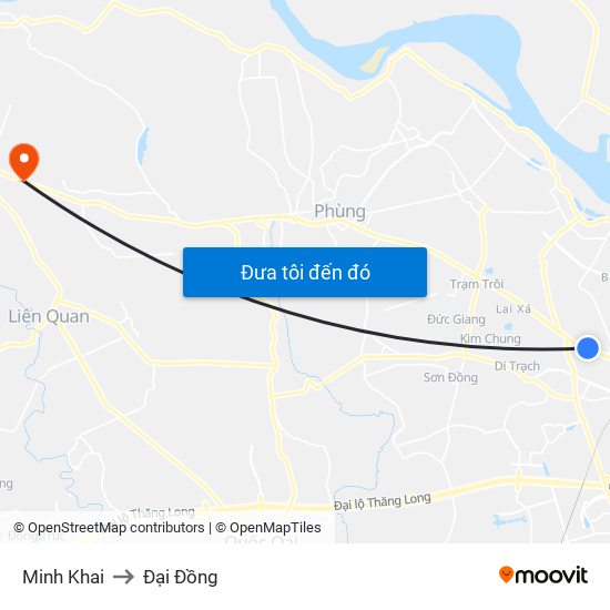 Minh Khai to Đại Đồng map
