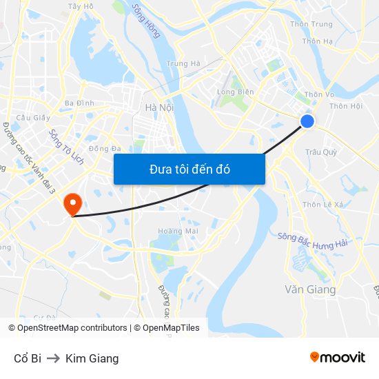 Cổ Bi to Kim Giang map