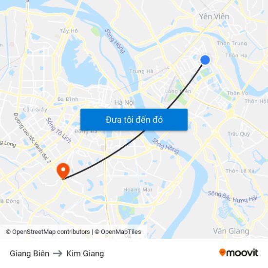 Giang Biên to Kim Giang map