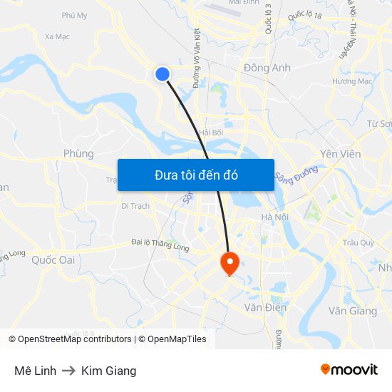 Mê Linh to Kim Giang map