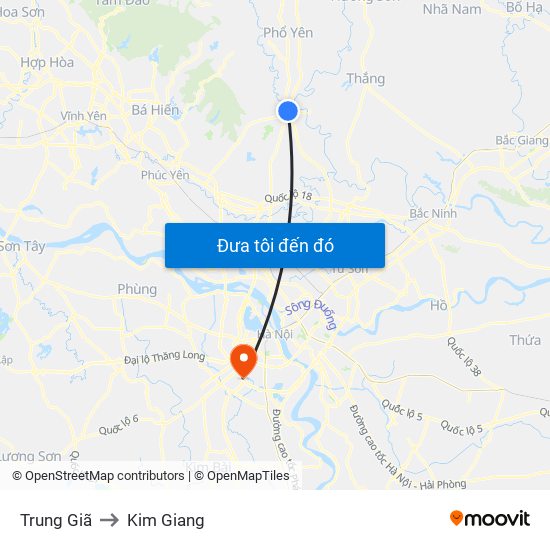 Trung Giã to Kim Giang map