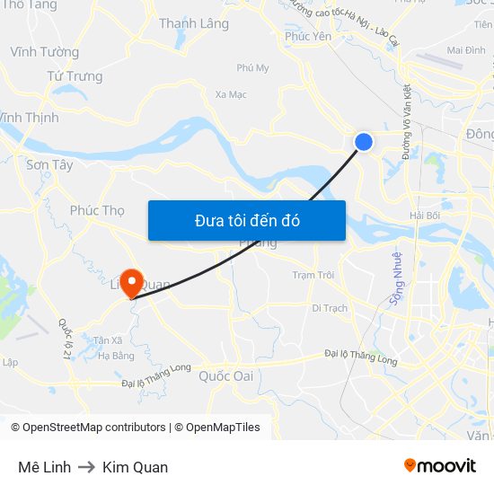 Mê Linh to Kim Quan map