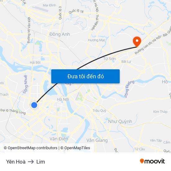 Yên Hoà to Lim map