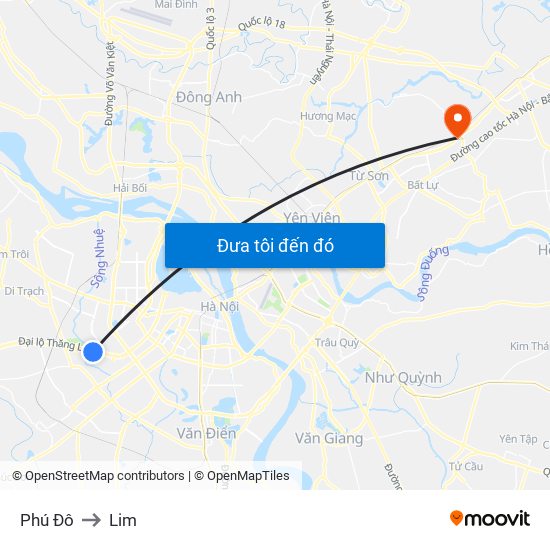 Phú Đô to Lim map