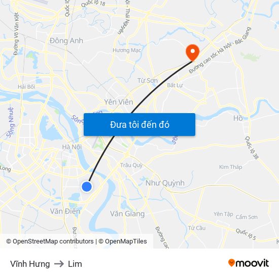 Vĩnh Hưng to Lim map