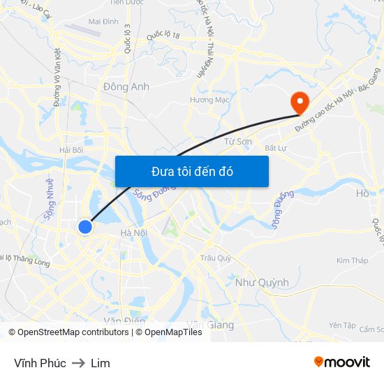 Vĩnh Phúc to Lim map