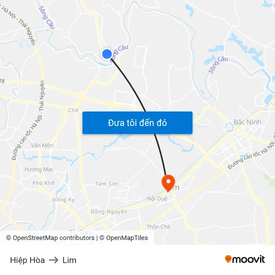 Hiệp Hòa to Lim map