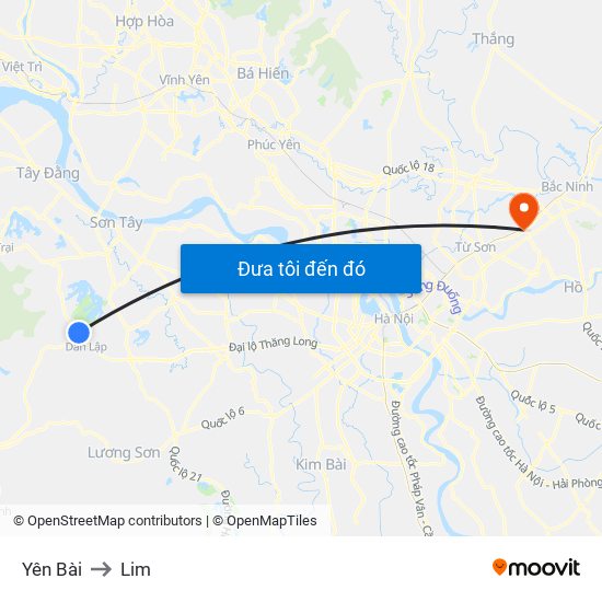 Yên Bài to Lim map
