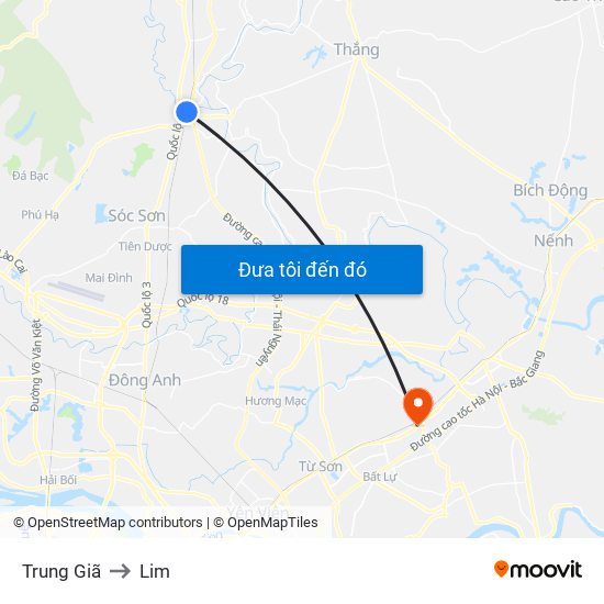 Trung Giã to Lim map