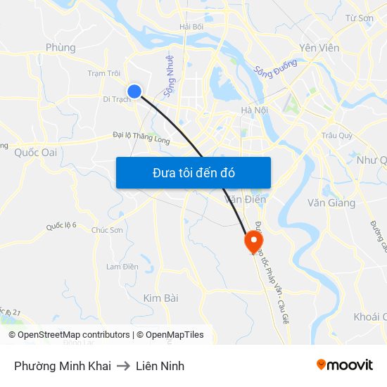 Phường Minh Khai to Liên Ninh map