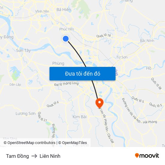Tam Đồng to Liên Ninh map