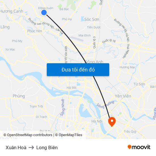 Xuân Hoà to Long Biên map