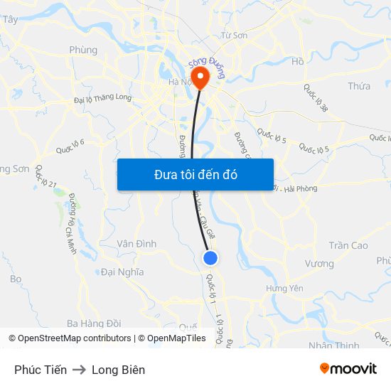 Phúc Tiến to Long Biên map