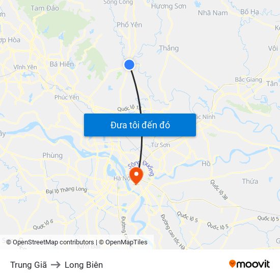 Trung Giã to Long Biên map