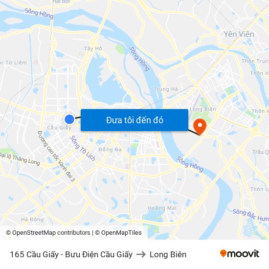 165 Cầu Giấy - Bưu Điện Cầu Giấy to Long Biên map