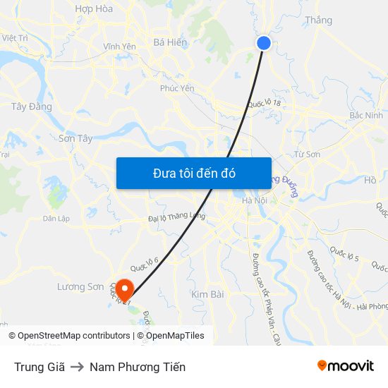 Trung Giã to Nam Phương Tiến map