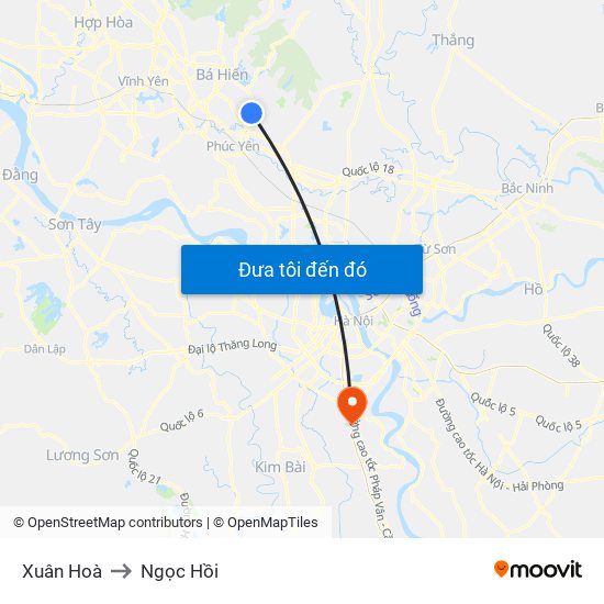 Xuân Hoà to Ngọc Hồi map