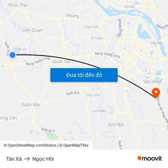 Tân Xã to Ngọc Hồi map