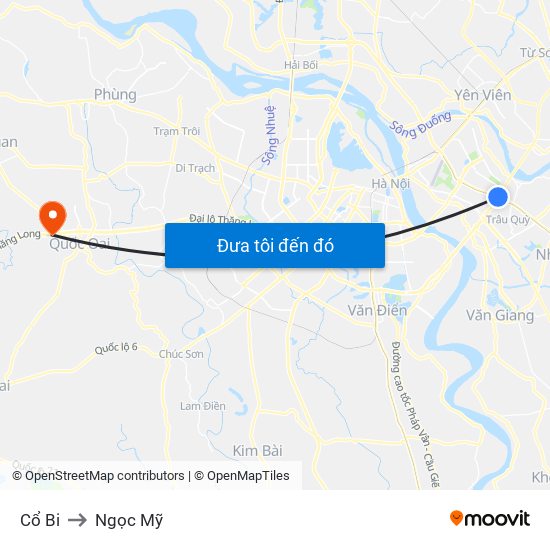 Cổ Bi to Ngọc Mỹ map