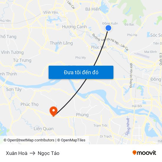 Xuân Hoà to Ngọc Tảo map