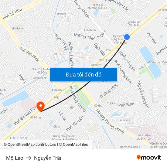 Mộ Lao to Nguyễn Trãi map