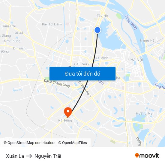 Xuân La to Nguyễn Trãi map