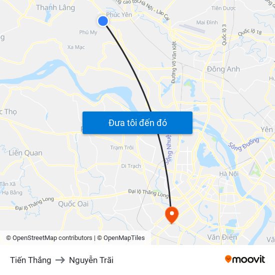 Tiến Thắng to Nguyễn Trãi map