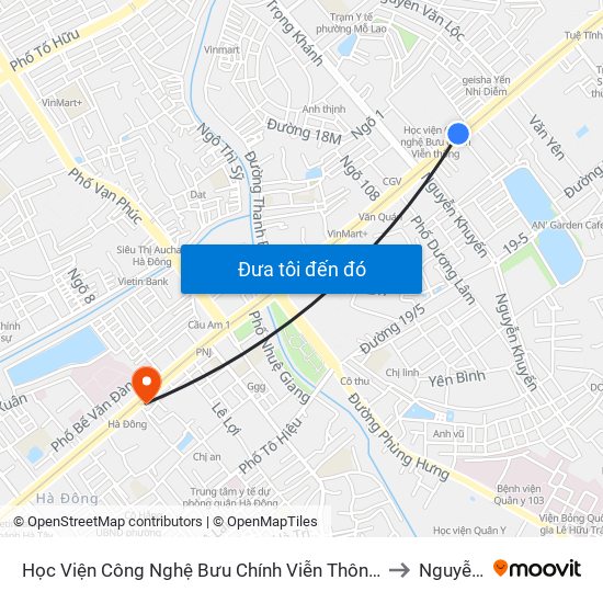 Học Viện Công Nghệ Bưu Chính Viễn Thông - Trần Phú (Hà Đông) to Nguyễn Trãi map