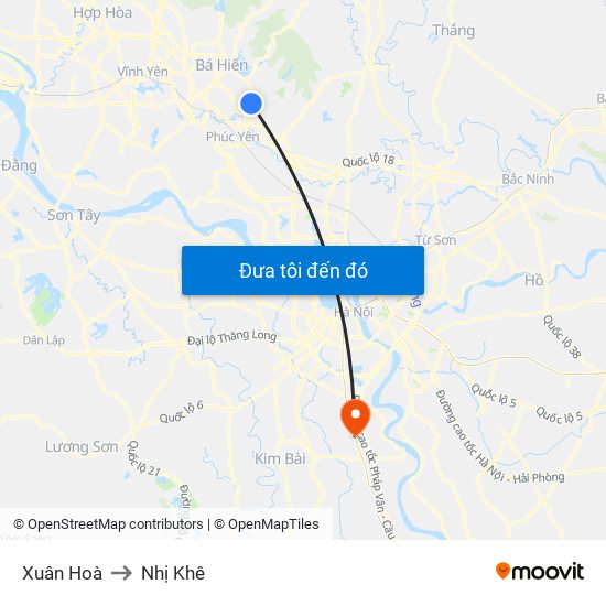 Xuân Hoà to Nhị Khê map