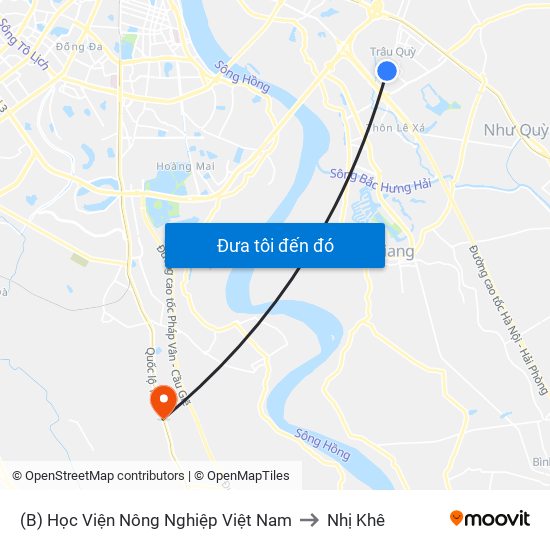 (B) Học Viện Nông Nghiệp Việt Nam to Nhị Khê map