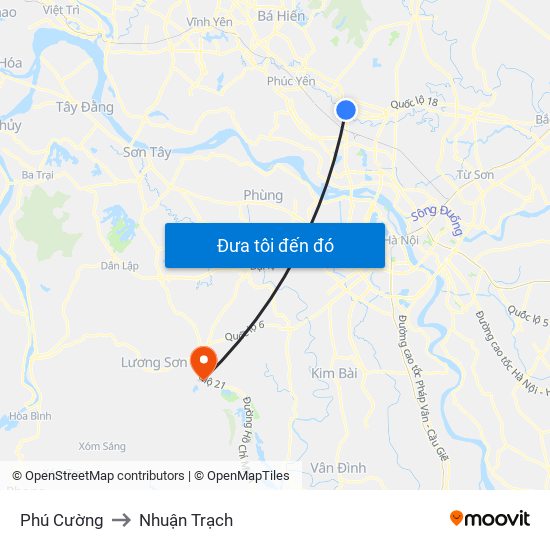 Phú Cường to Nhuận Trạch map