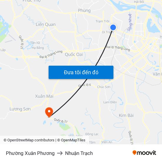 Phường Xuân Phương to Nhuận Trạch map