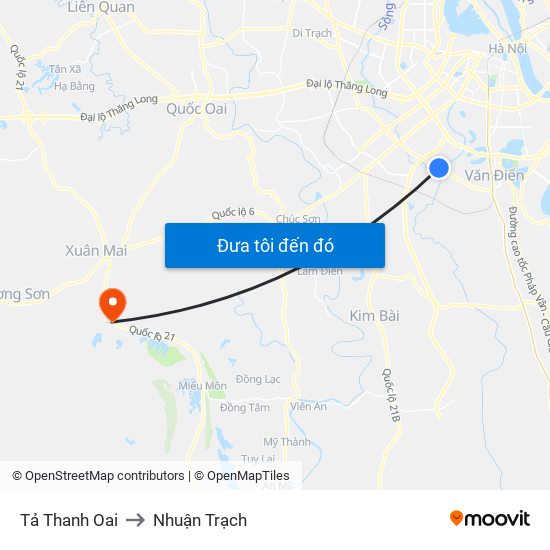 Tả Thanh Oai to Nhuận Trạch map