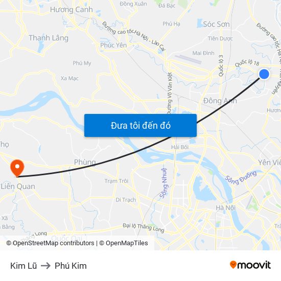 Kim Lũ to Phú Kim map
