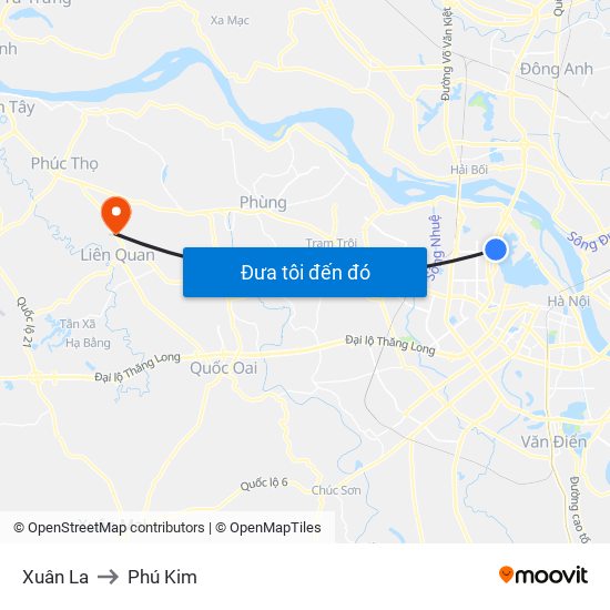 Xuân La to Phú Kim map