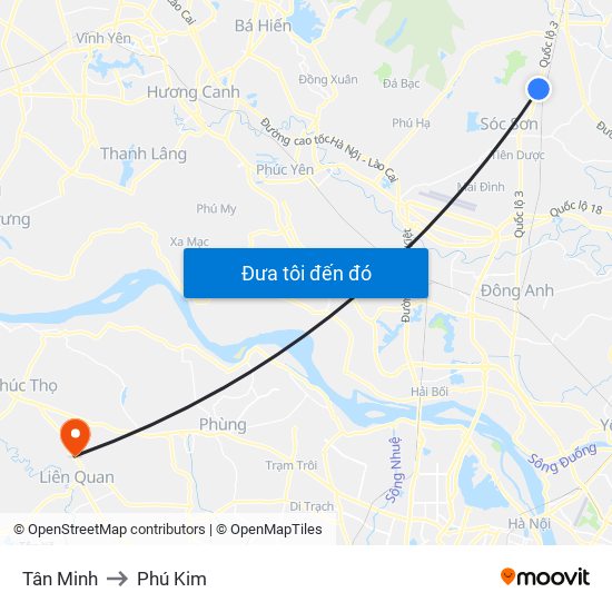 Tân Minh to Phú Kim map