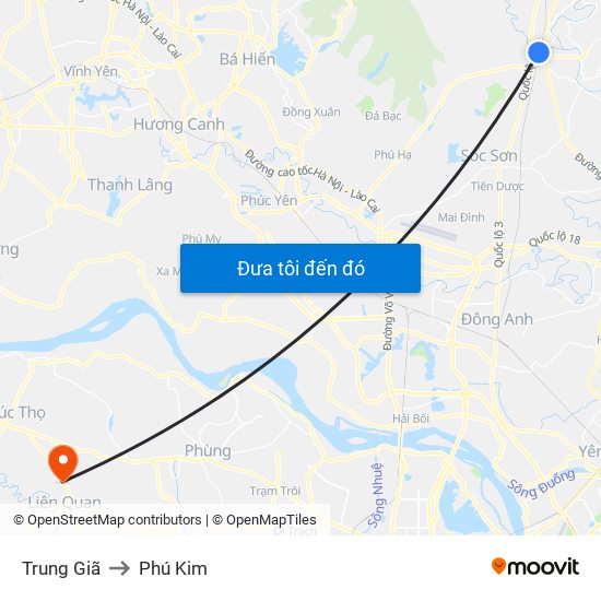 Trung Giã to Phú Kim map