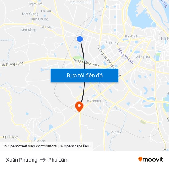 Xuân Phương to Phú Lãm map