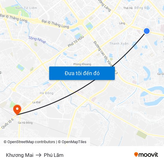 Khương Mai to Phú Lãm map