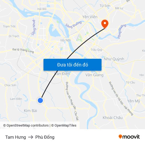 Tam Hưng to Phù Đổng map