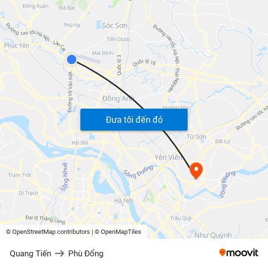 Quang Tiến to Phù Đổng map