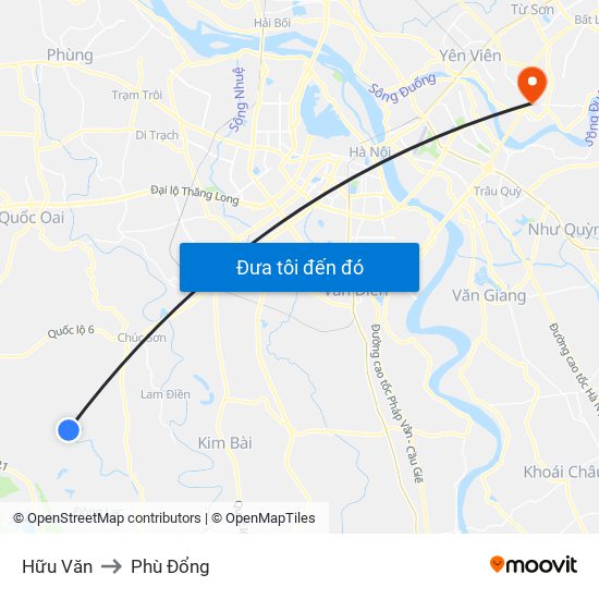 Hữu Văn to Phù Đổng map