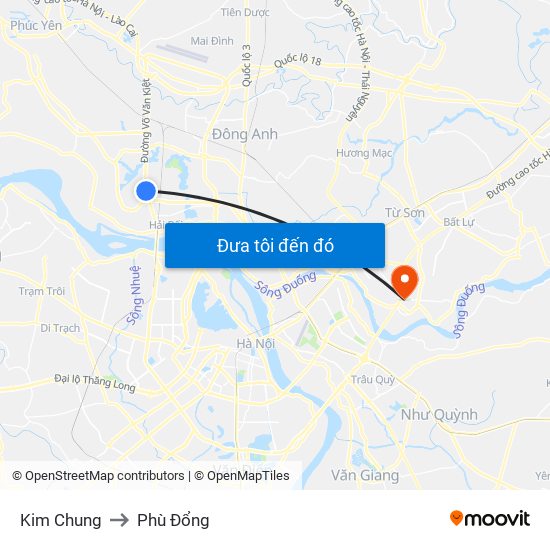 Kim Chung to Phù Đổng map