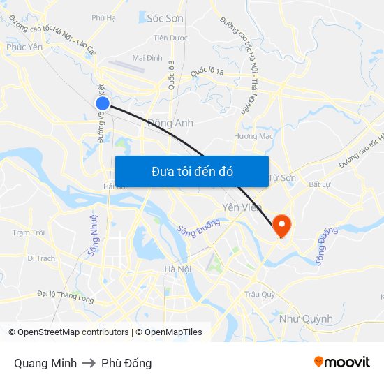 Quang Minh to Phù Đổng map