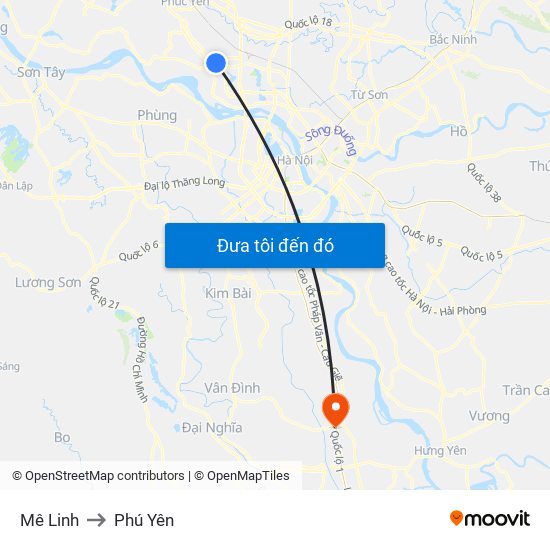 Mê Linh to Phú Yên map