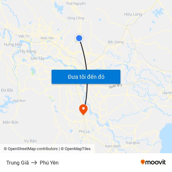 Trung Giã to Phú Yên map