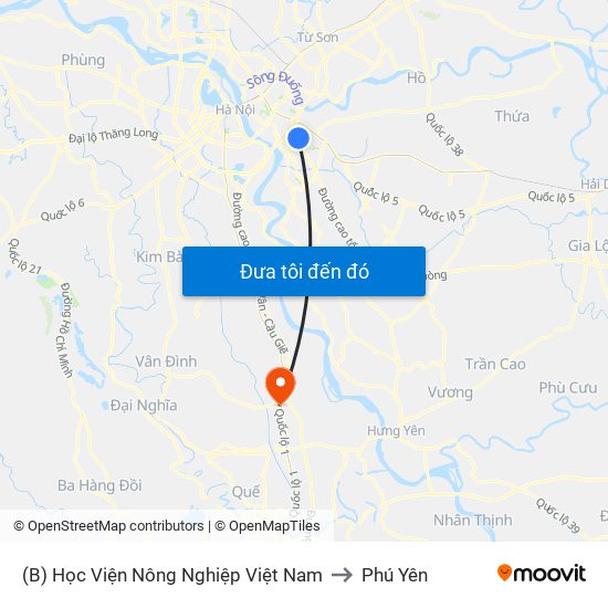 (B) Học Viện Nông Nghiệp Việt Nam to Phú Yên map