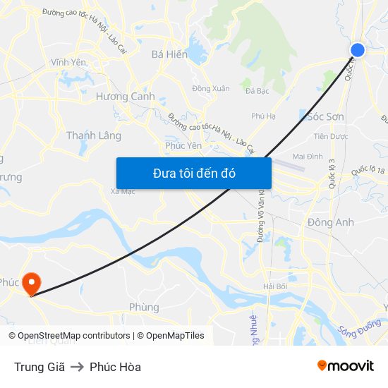 Trung Giã to Phúc Hòa map